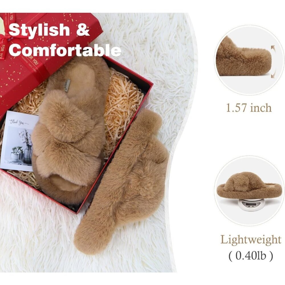 Women's Open Toe Slide Faux Fur Fuzzy Fluff Brown House Slippers Shoes - Picture 6 of 9